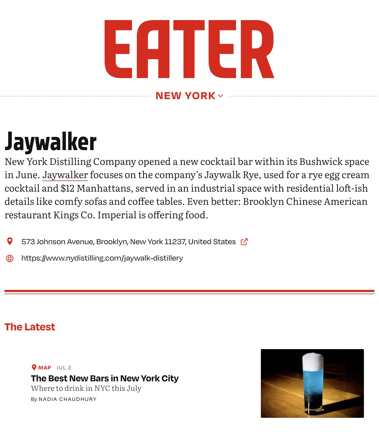 Jaywalker ft Eater Best New Bars in New York City Article Screenshot
